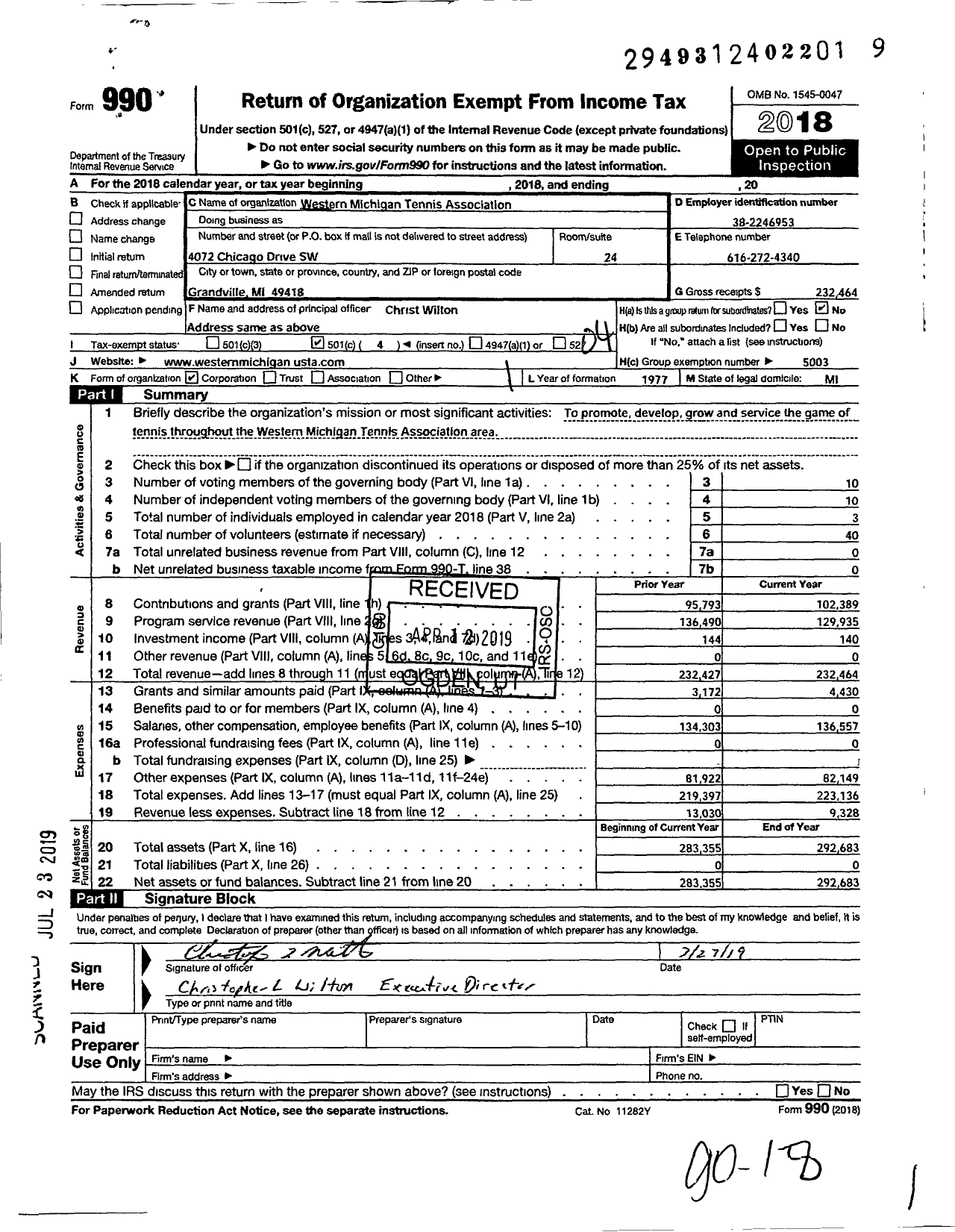 Image of first page of 2018 Form 990O for Western Michigan Tennis Association