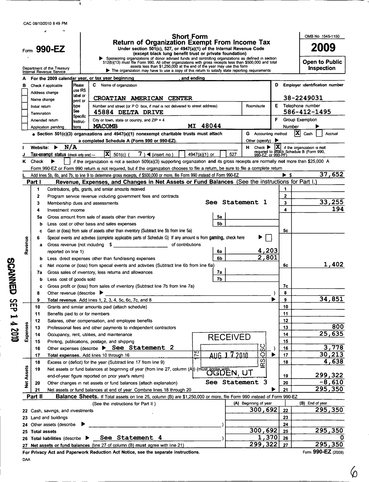 Image of first page of 2009 Form 990EO for Croatian American Center