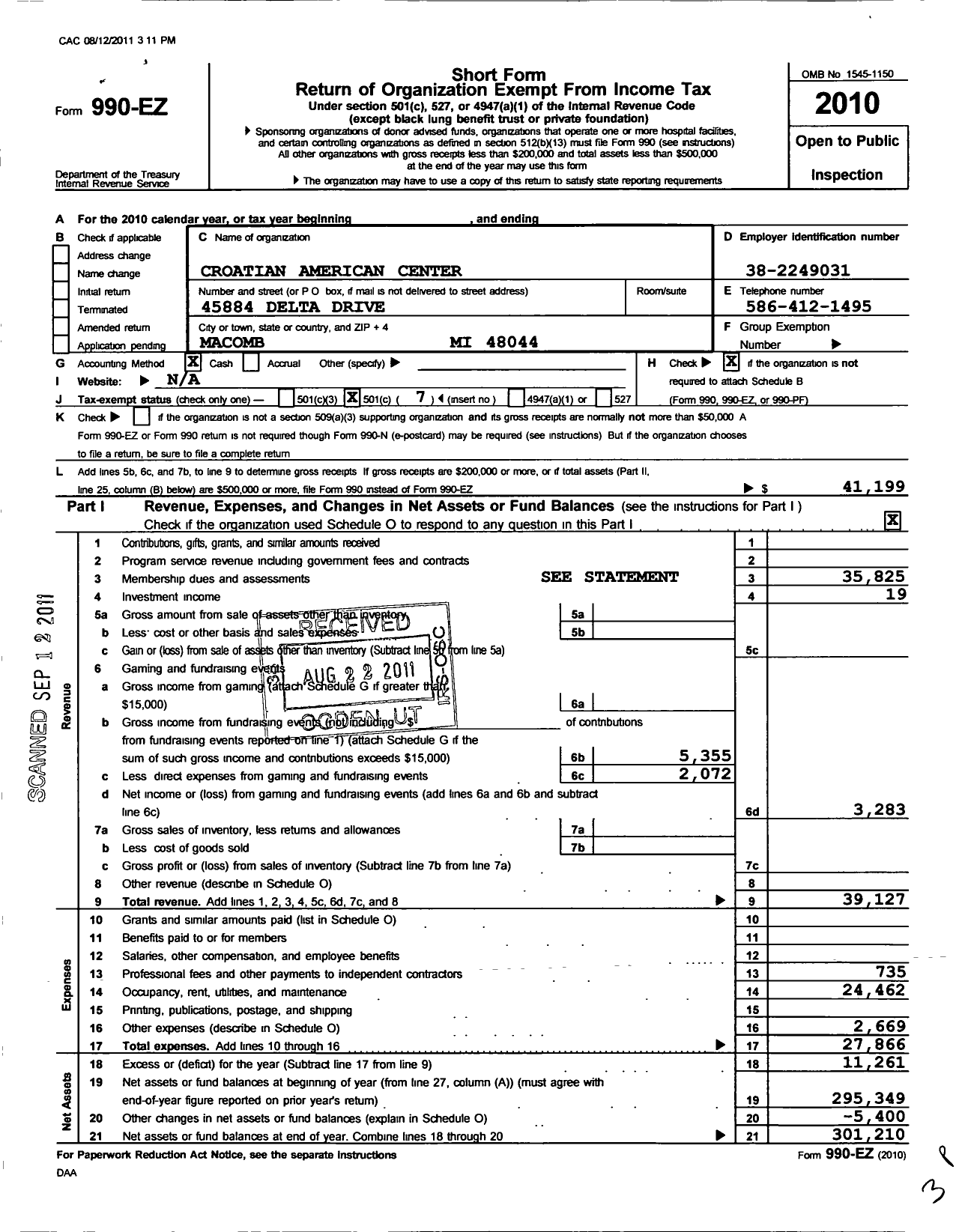 Image of first page of 2010 Form 990EO for Croatian American Center