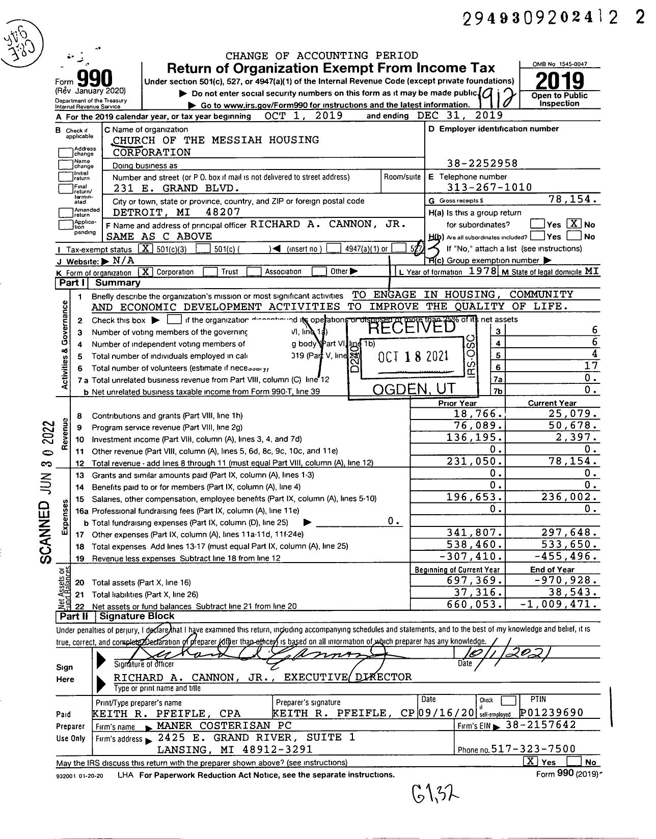 Image of first page of 2019 Form 990 for Church of the Messiah Housing Corporation