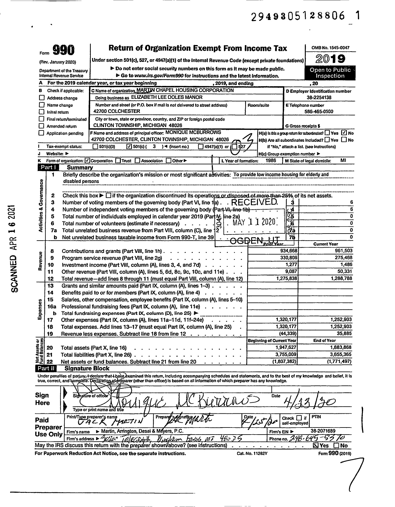 Image of first page of 2019 Form 990 for Elizabeth Lee Doles Manor