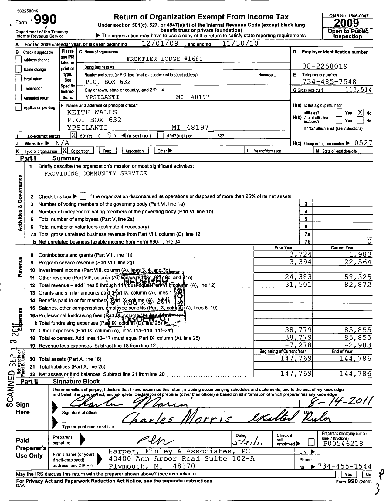 Image of first page of 2009 Form 990O for Improved Benevolent and Protective Order of Elks of the World - 1681 Harry G Parks & Annie G Parker