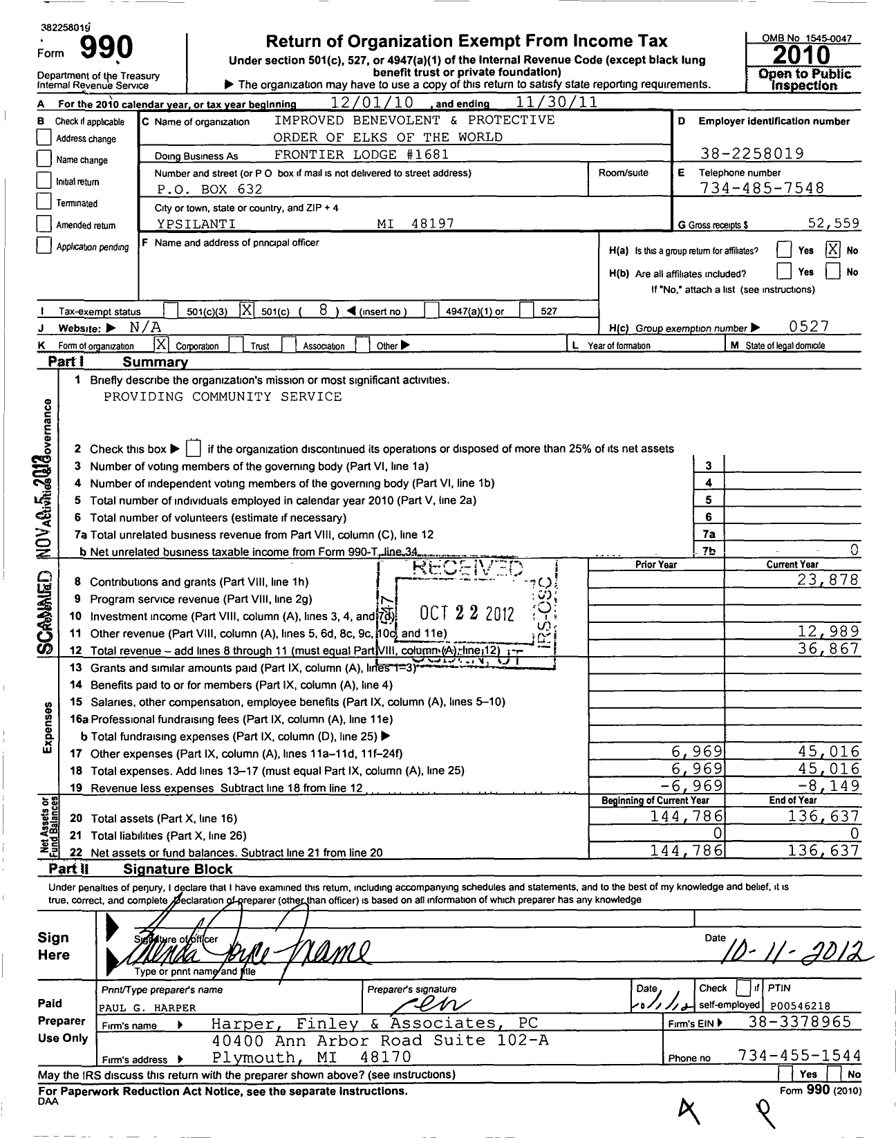 Image of first page of 2010 Form 990O for Improved Benevolent and Protective Order of Elks of the World - 1681 Harry G Parks & Annie G Parker