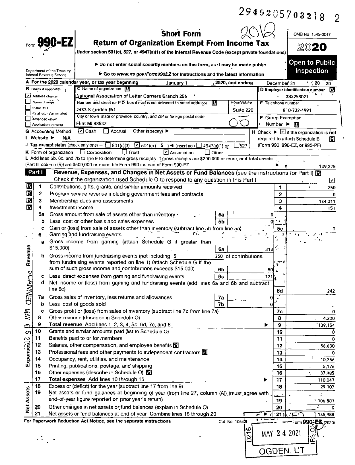 Image of first page of 2020 Form 990EO for NATIONAL ASSOCIATION OF LETTER CARRIERS - 256 Mid-Michigan Branch