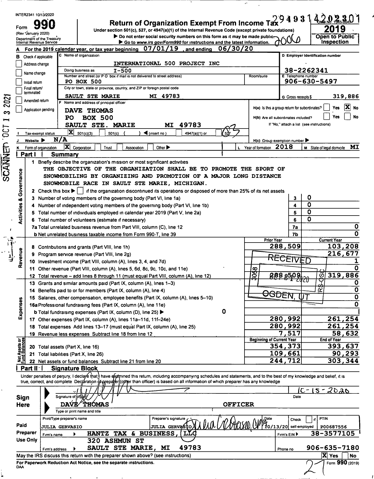 Image of first page of 2019 Form 990 for International 500 Project