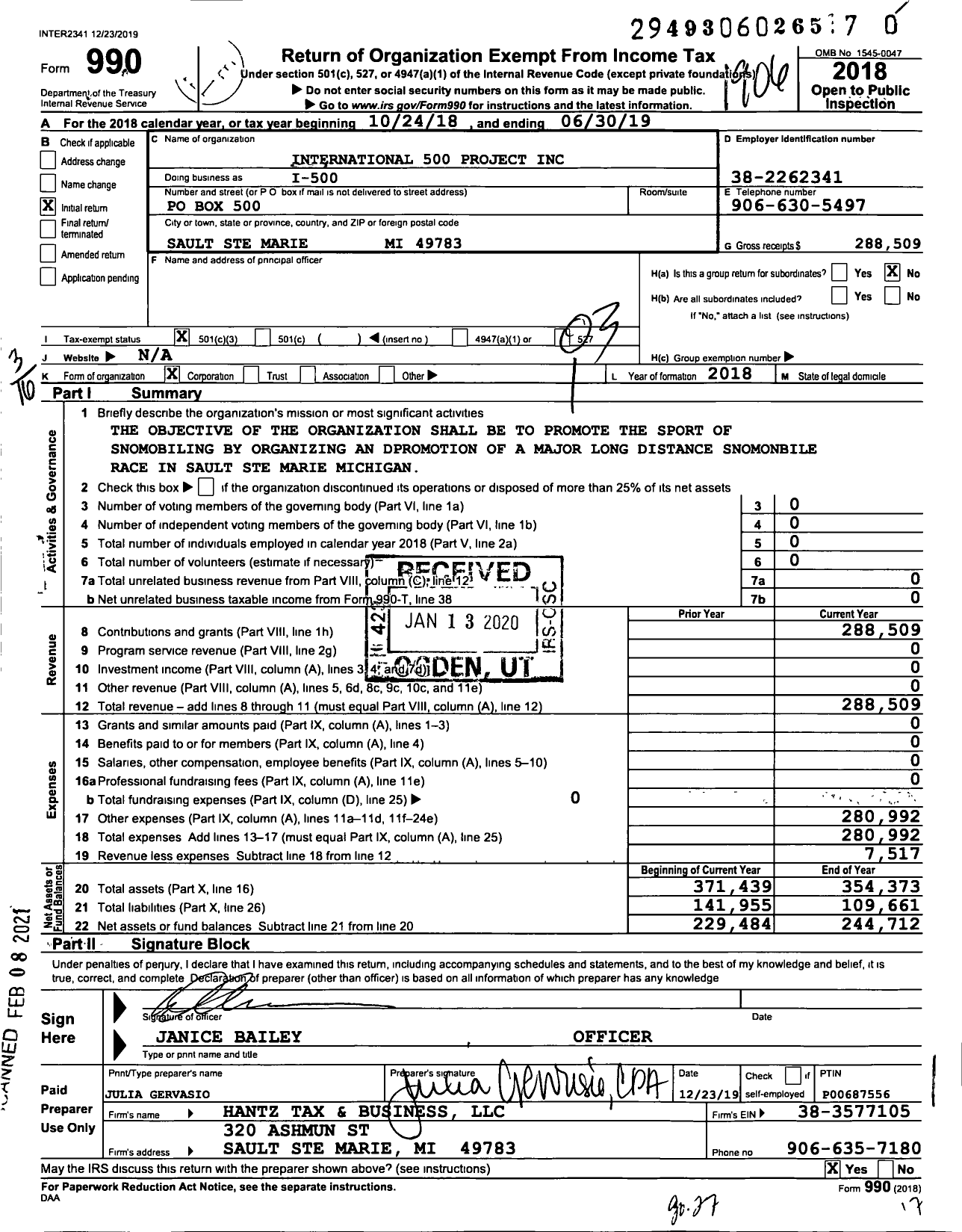 Image of first page of 2018 Form 990 for International 500 Project