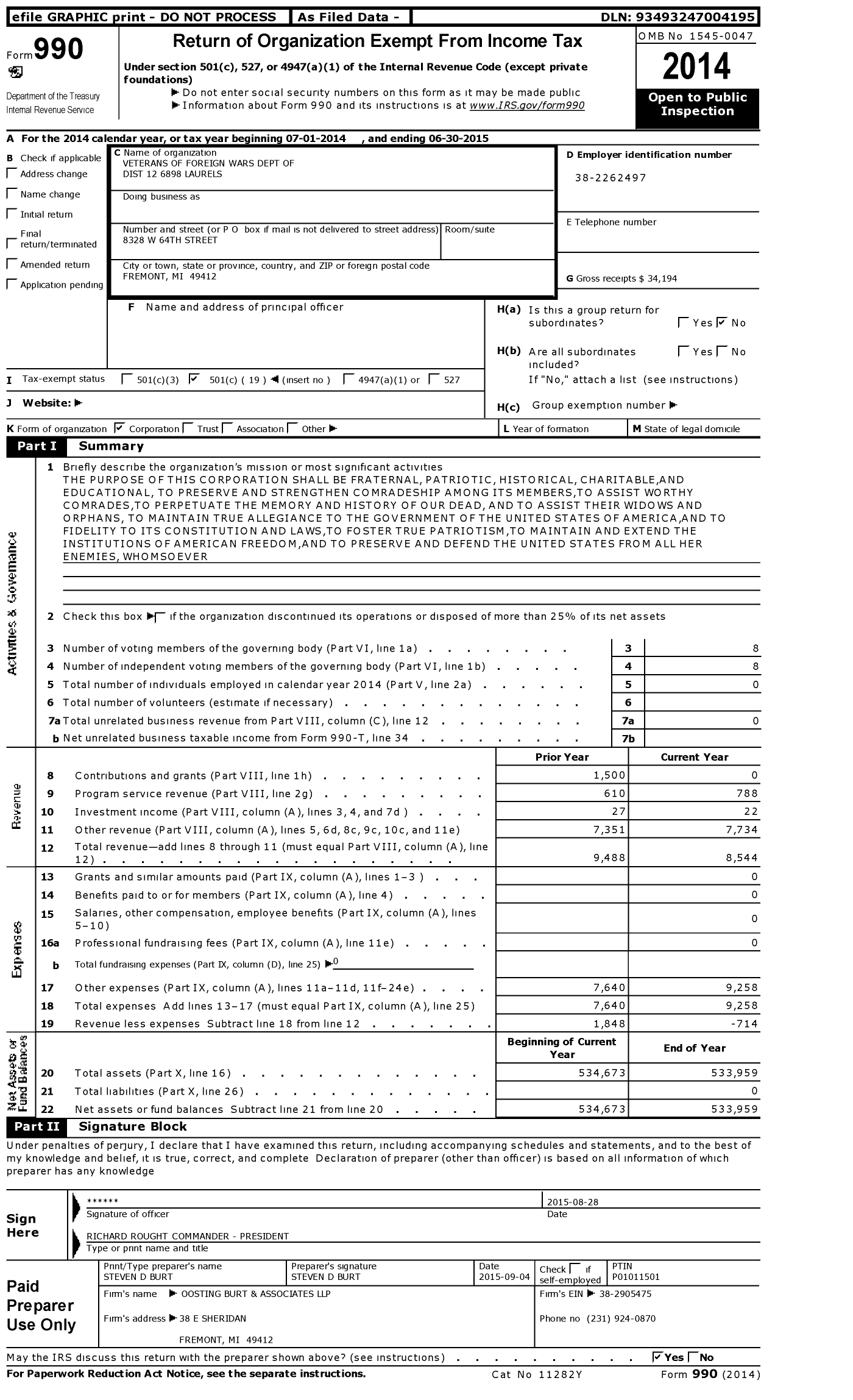 Image of first page of 2014 Form 990O for VFW Department of Michigan - 12 District 6898 Post Laurels