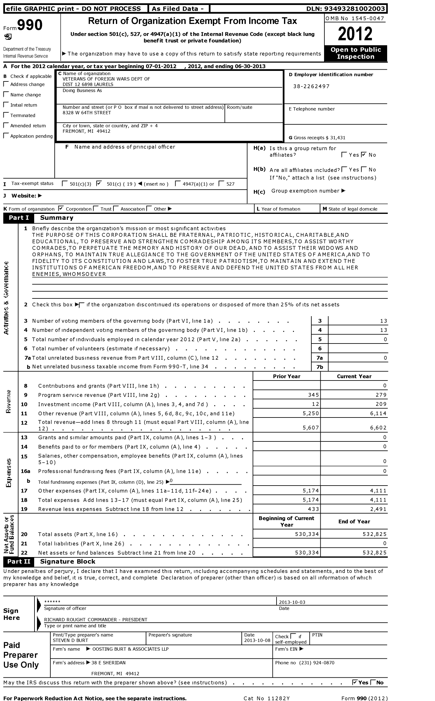 Image of first page of 2012 Form 990O for VFW Department of Michigan - 12 District 6898 Post Laurels