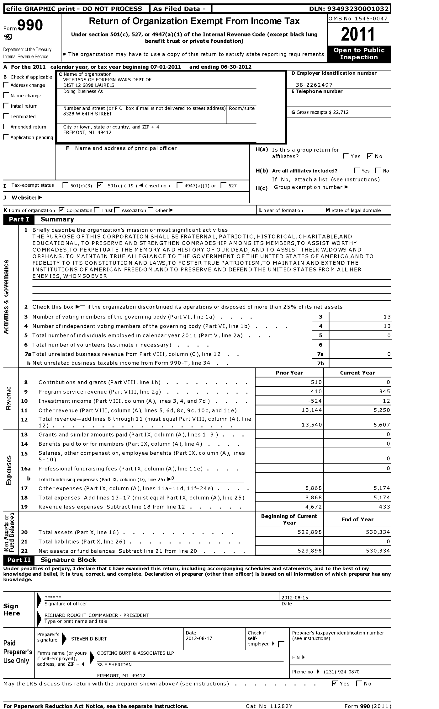 Image of first page of 2011 Form 990O for VFW Department of Michigan - 12 District 6898 Post Laurels