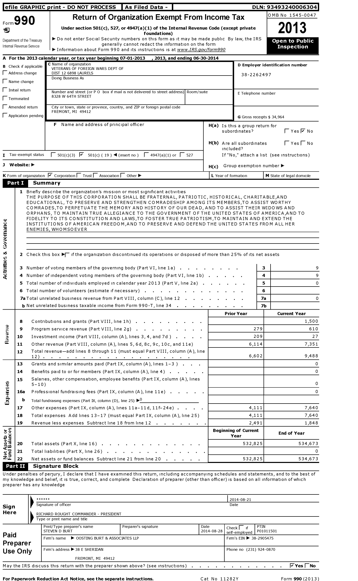 Image of first page of 2013 Form 990O for VFW Department of Michigan - 12 District 6898 Post Laurels