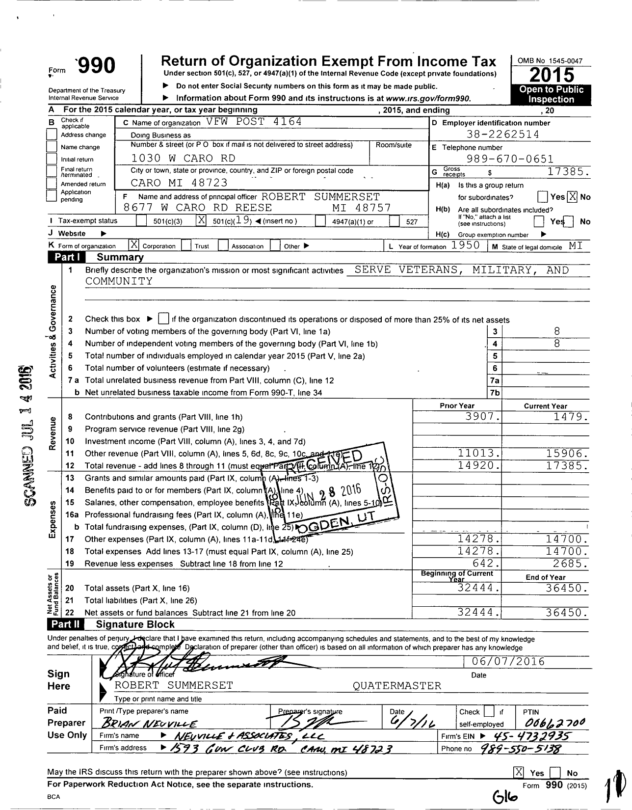 Image of first page of 2015 Form 990O for VFW Department of Michigan - Dist 10 4164 Tuscola County