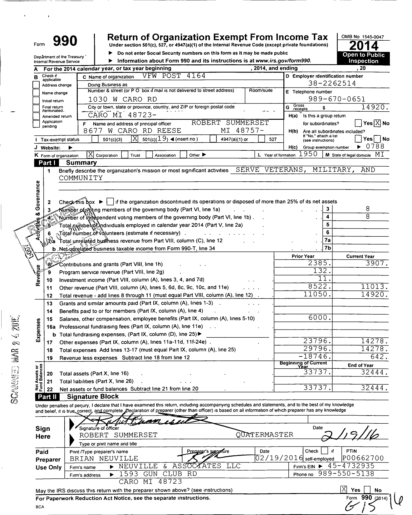 Image of first page of 2014 Form 990O for VFW Department of Michigan - Dist 10 4164 Tuscola County