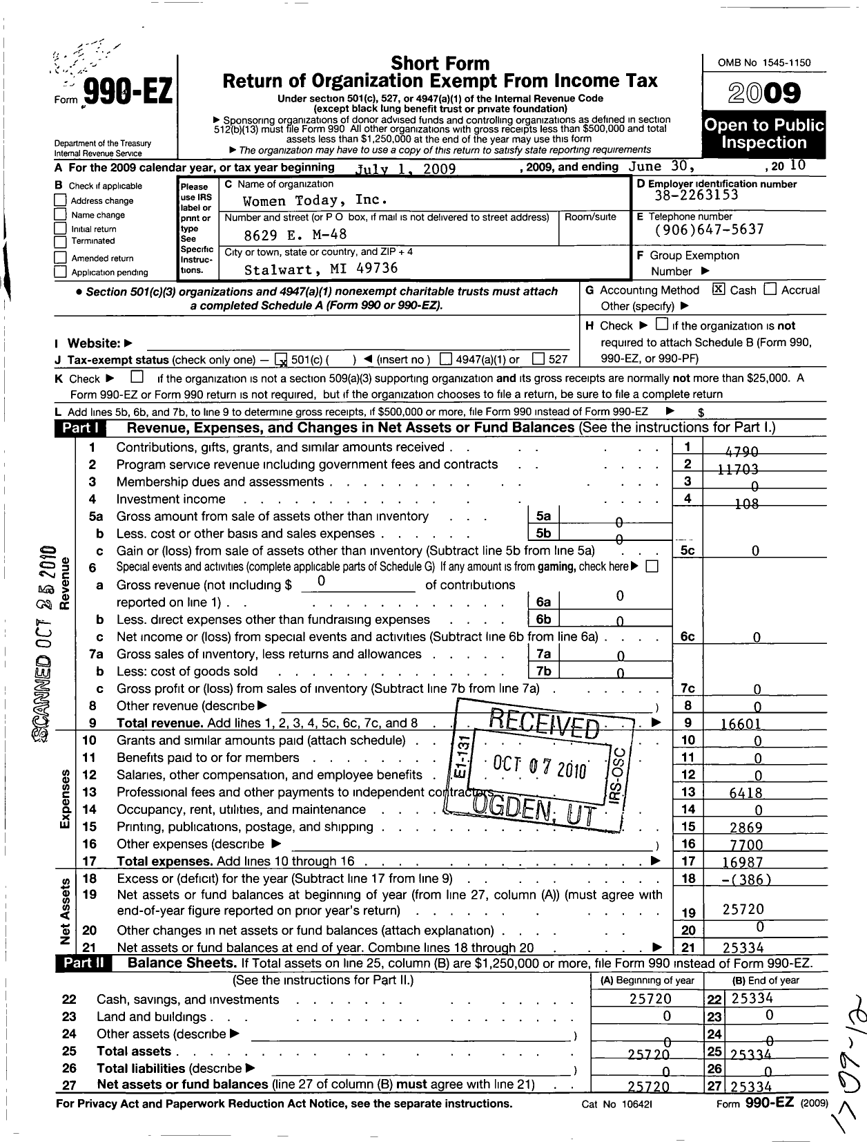 Image of first page of 2009 Form 990EO for Women Today Incorporated