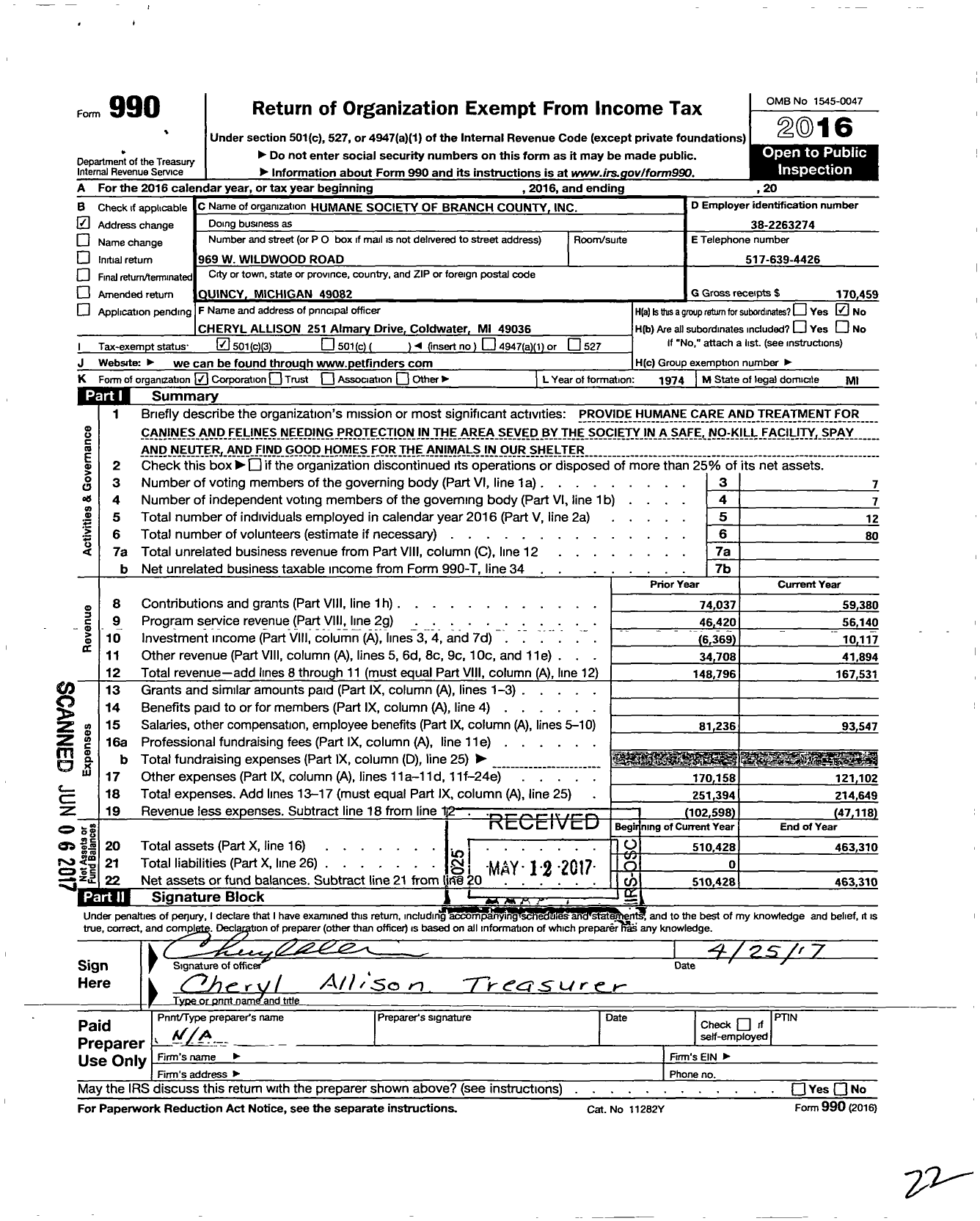 Image of first page of 2016 Form 990 for Humane Society of Branch County