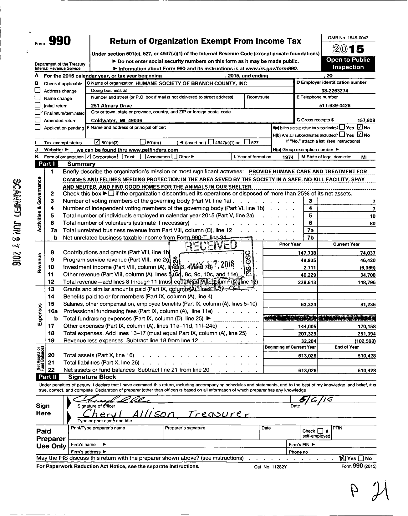 Image of first page of 2015 Form 990 for Humane Society of Branch County