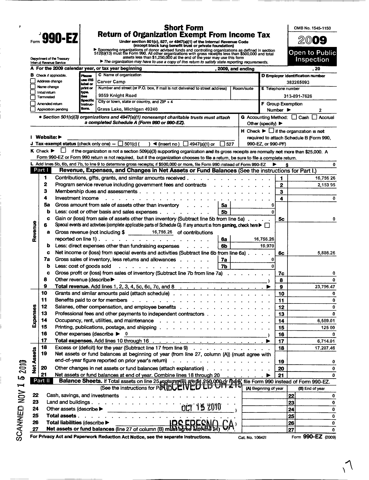 Image of first page of 2009 Form 990EO for Carver Camp