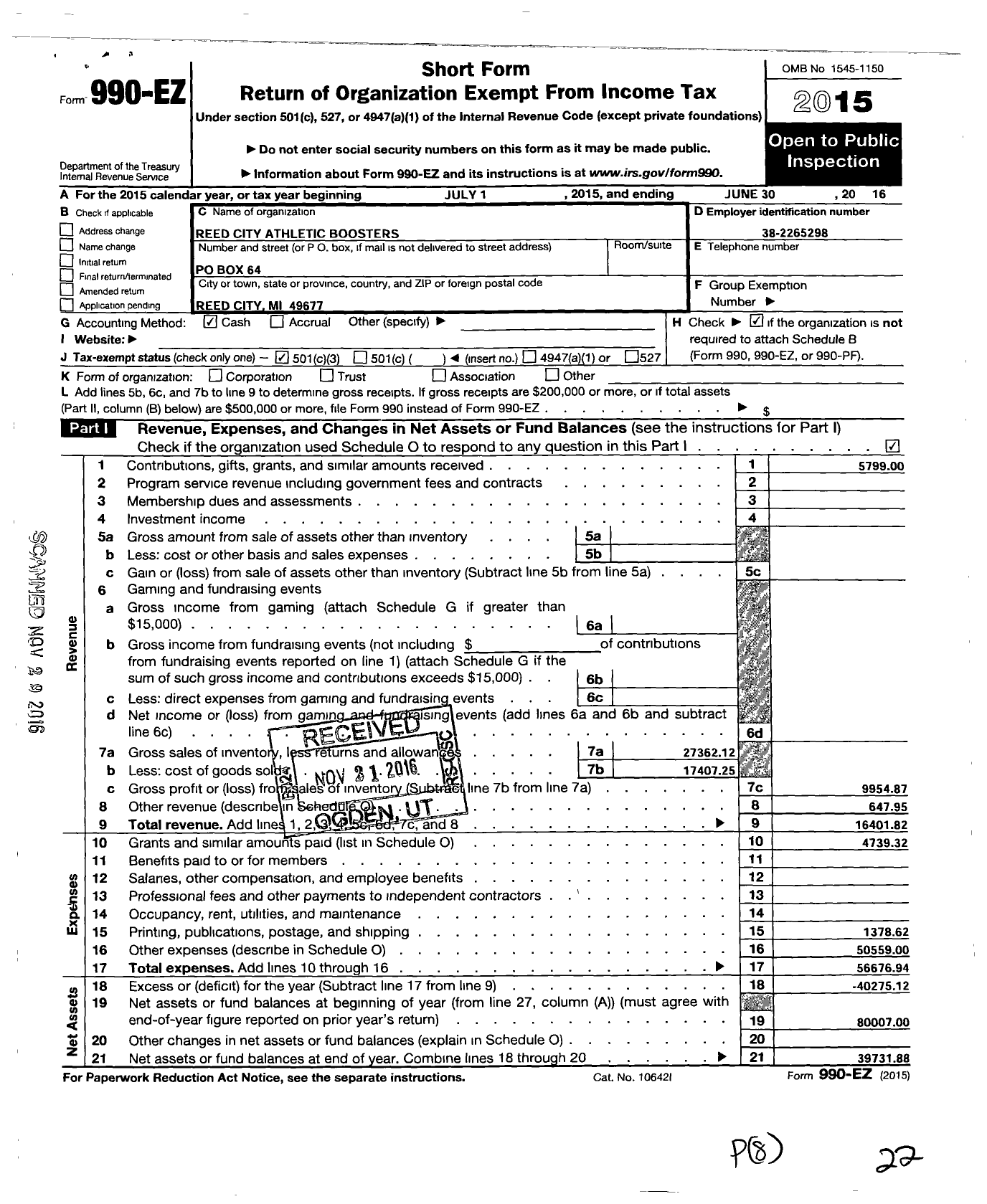 Image of first page of 2015 Form 990EZ for Reed City Athletic Boosters