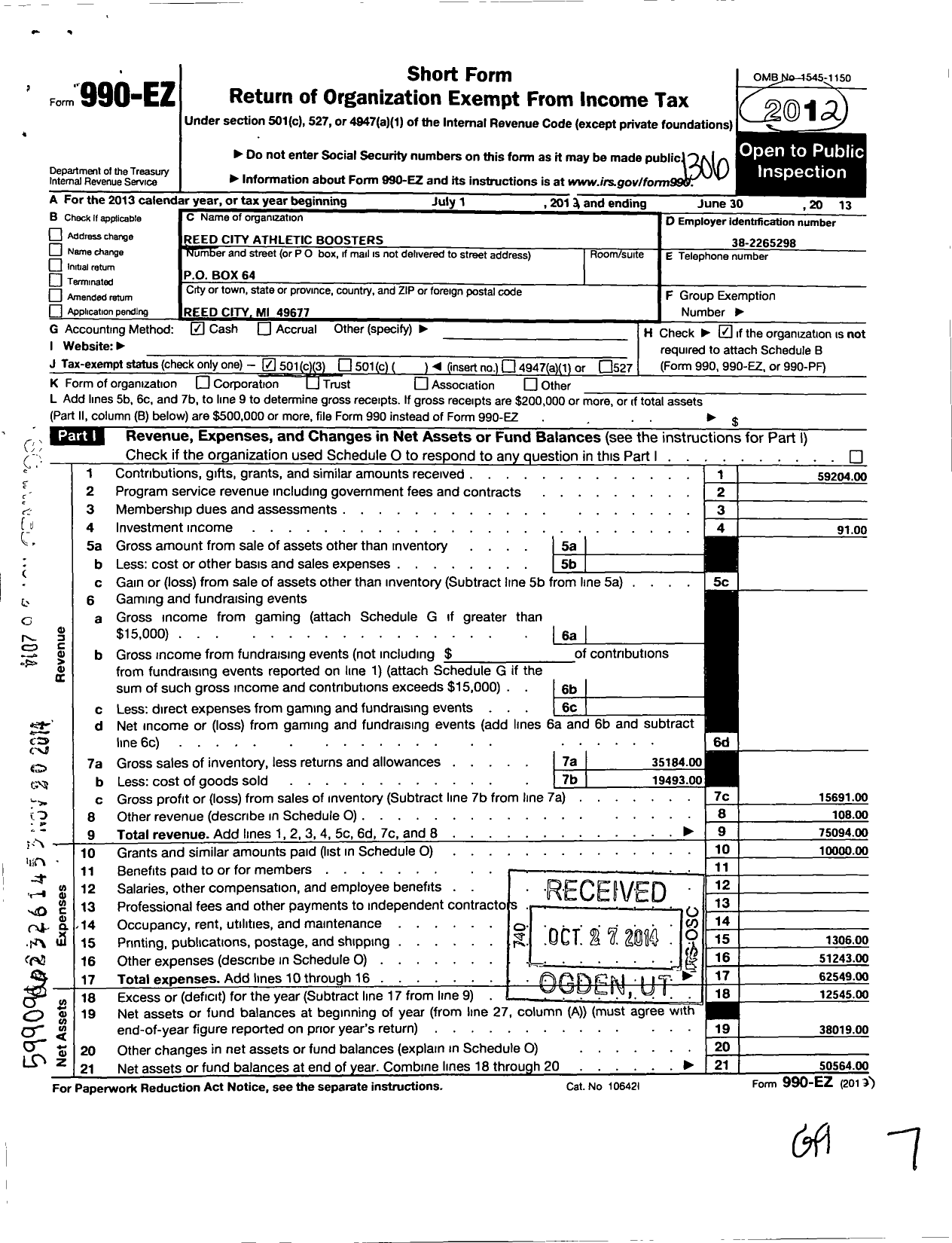 Image of first page of 2012 Form 990EZ for Reed City Athletic Boosters