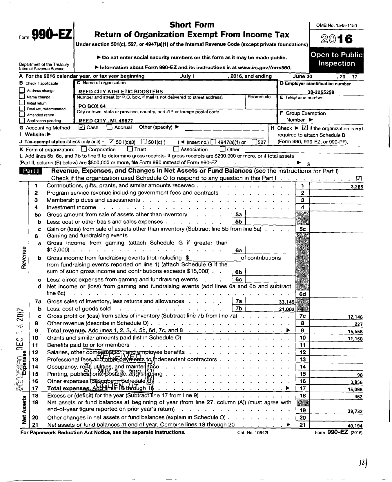 Image of first page of 2016 Form 990EZ for Reed City Athletic Boosters