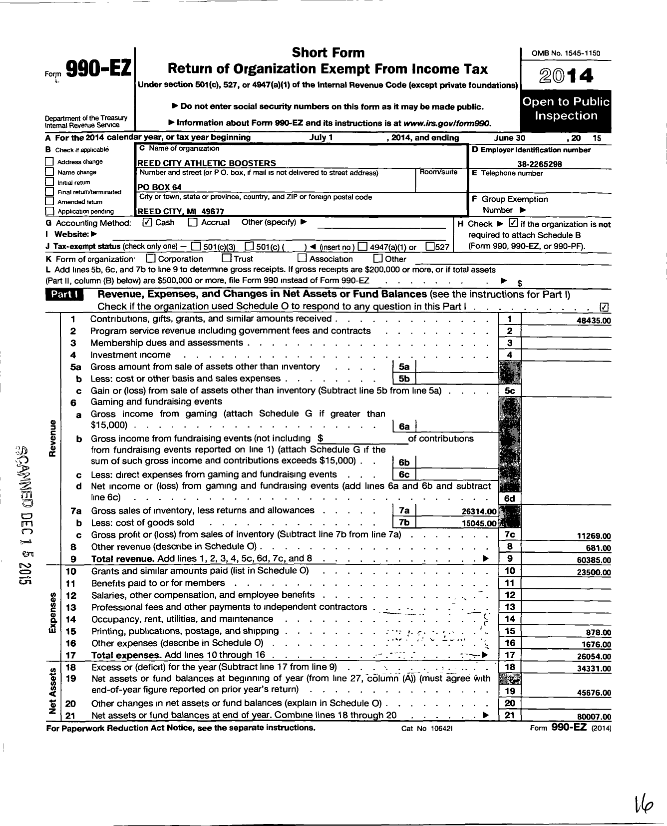 Image of first page of 2014 Form 990EO for Reed City Athletic Boosters