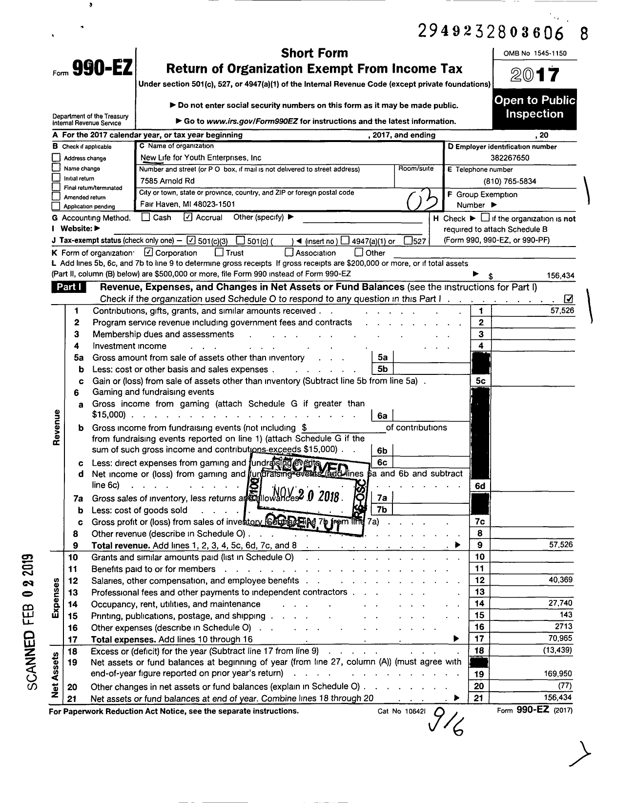 Image of first page of 2017 Form 990EZ for New Life for Youth Enterprises