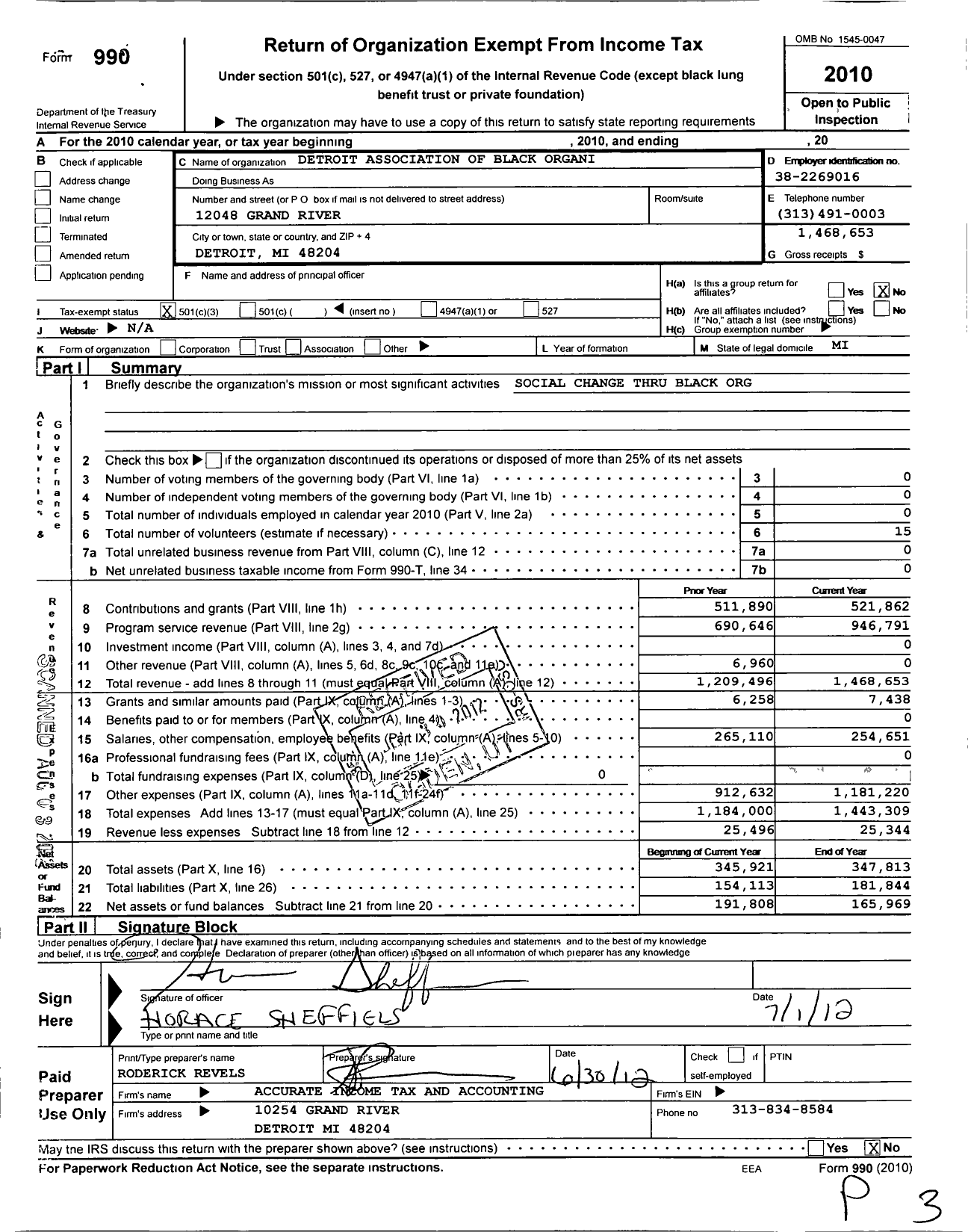 Image of first page of 2010 Form 990 for Detroit Association of Black Organizations