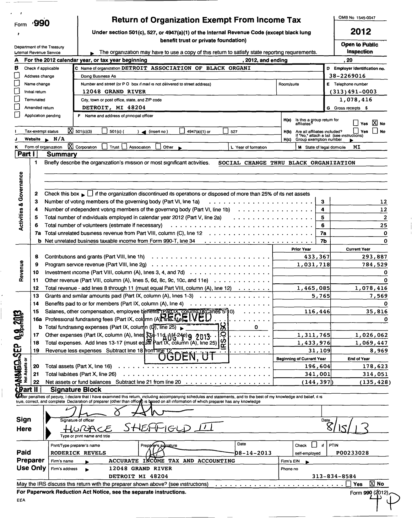 Image of first page of 2012 Form 990 for Detroit Association of Black Organizations