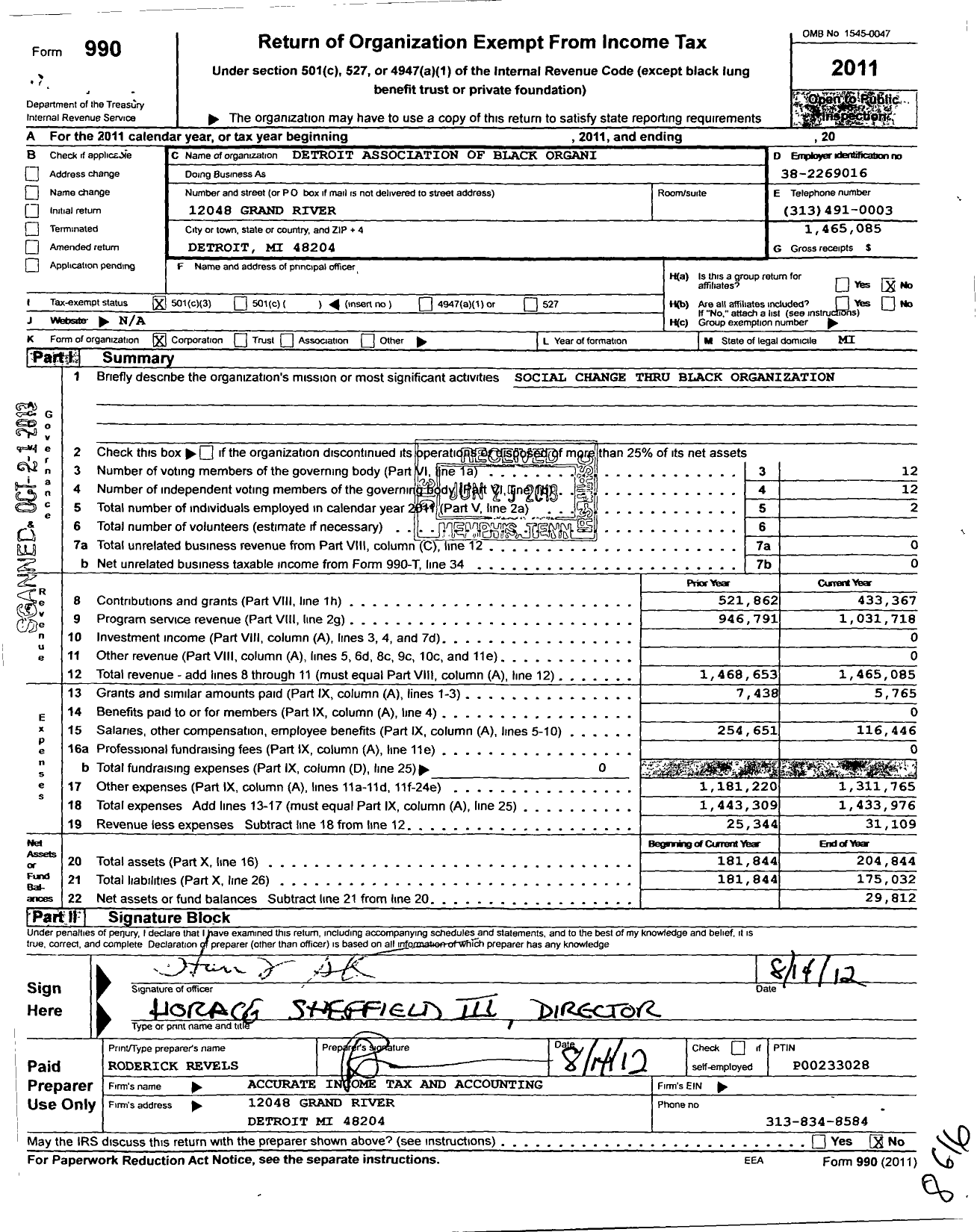 Image of first page of 2011 Form 990 for Detroit Association of Black Organizations