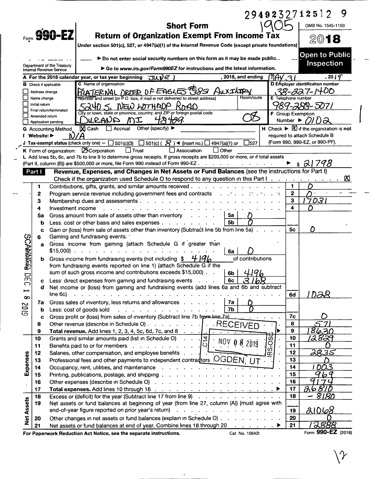 Image of first page of 2018 Form 990EO for Fraternal Order of Eagles - 3851 Aux