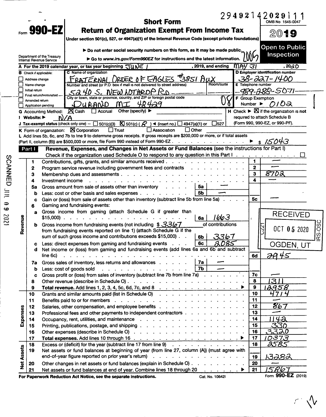 Image of first page of 2019 Form 990EO for Fraternal Order of Eagles - 3851 Aux