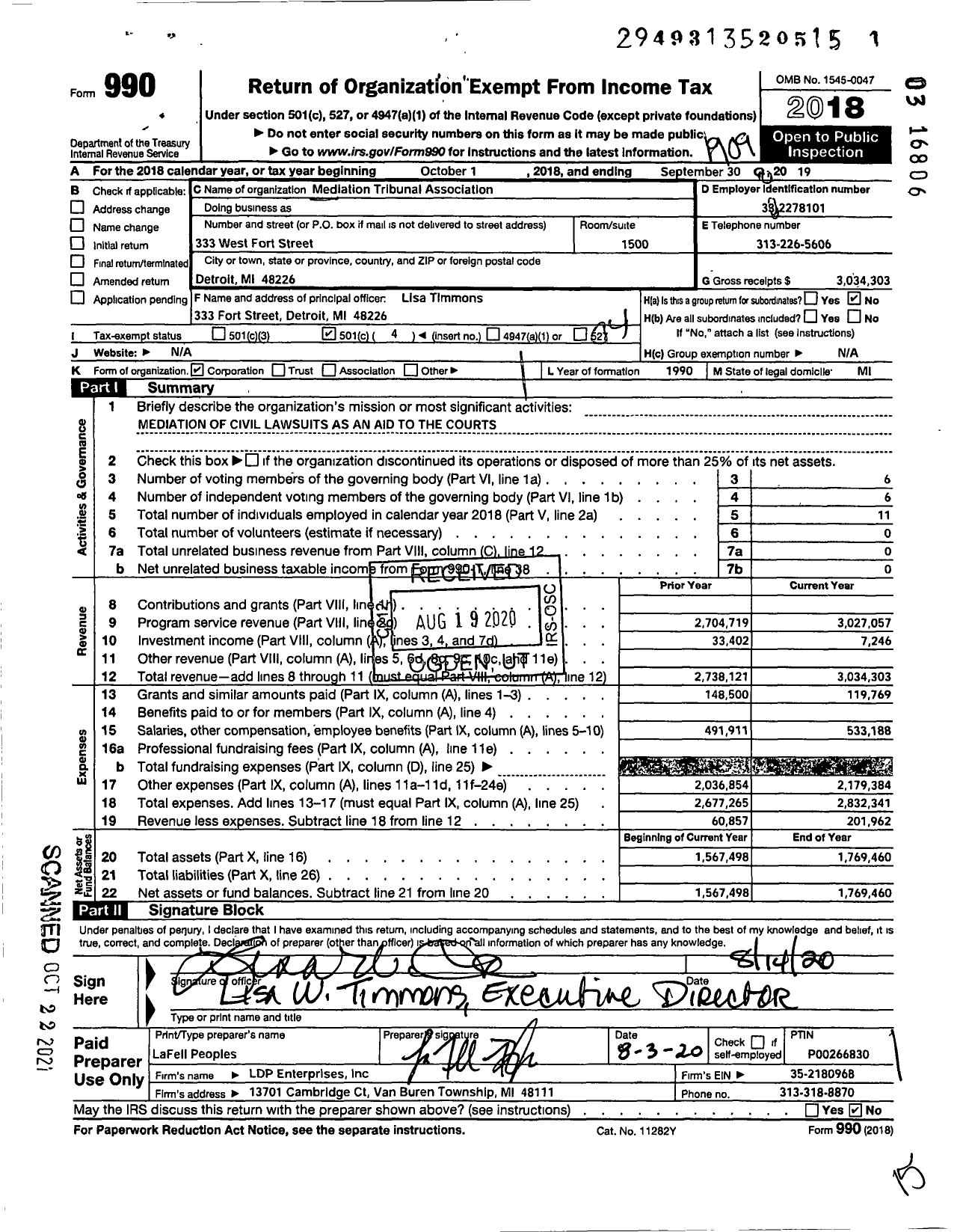 Image of first page of 2018 Form 990O for Mediation Tribunal Association (MTA)