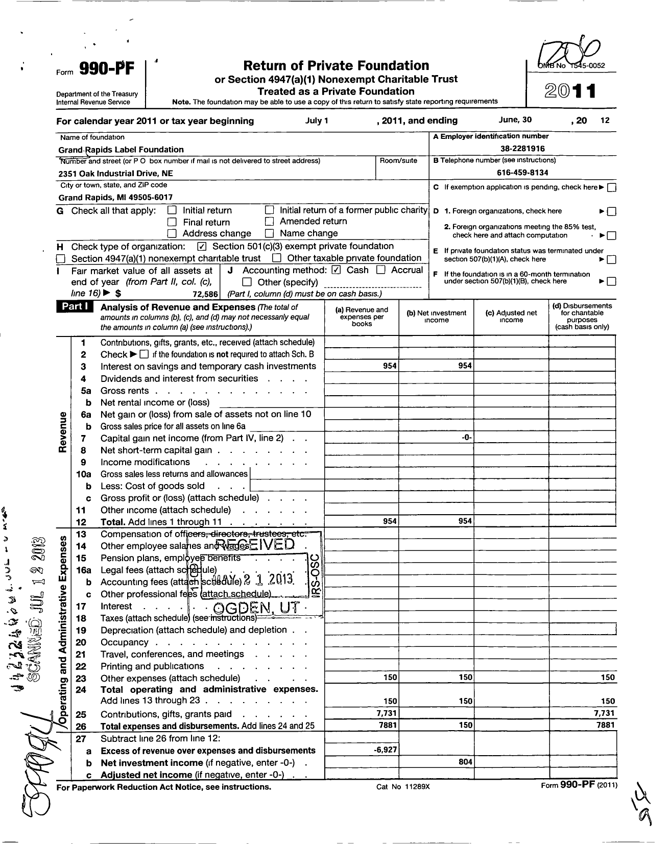 Image of first page of 2011 Form 990PF for Grand Rapids Label Foundation