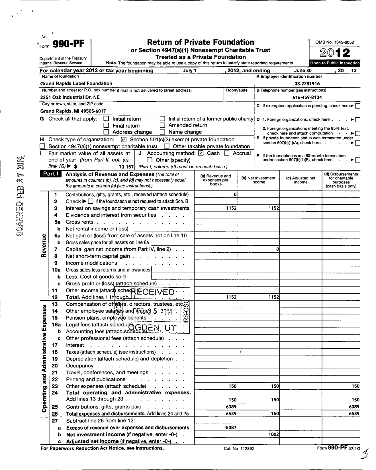 Image of first page of 2012 Form 990PF for Grand Rapids Label Foundation