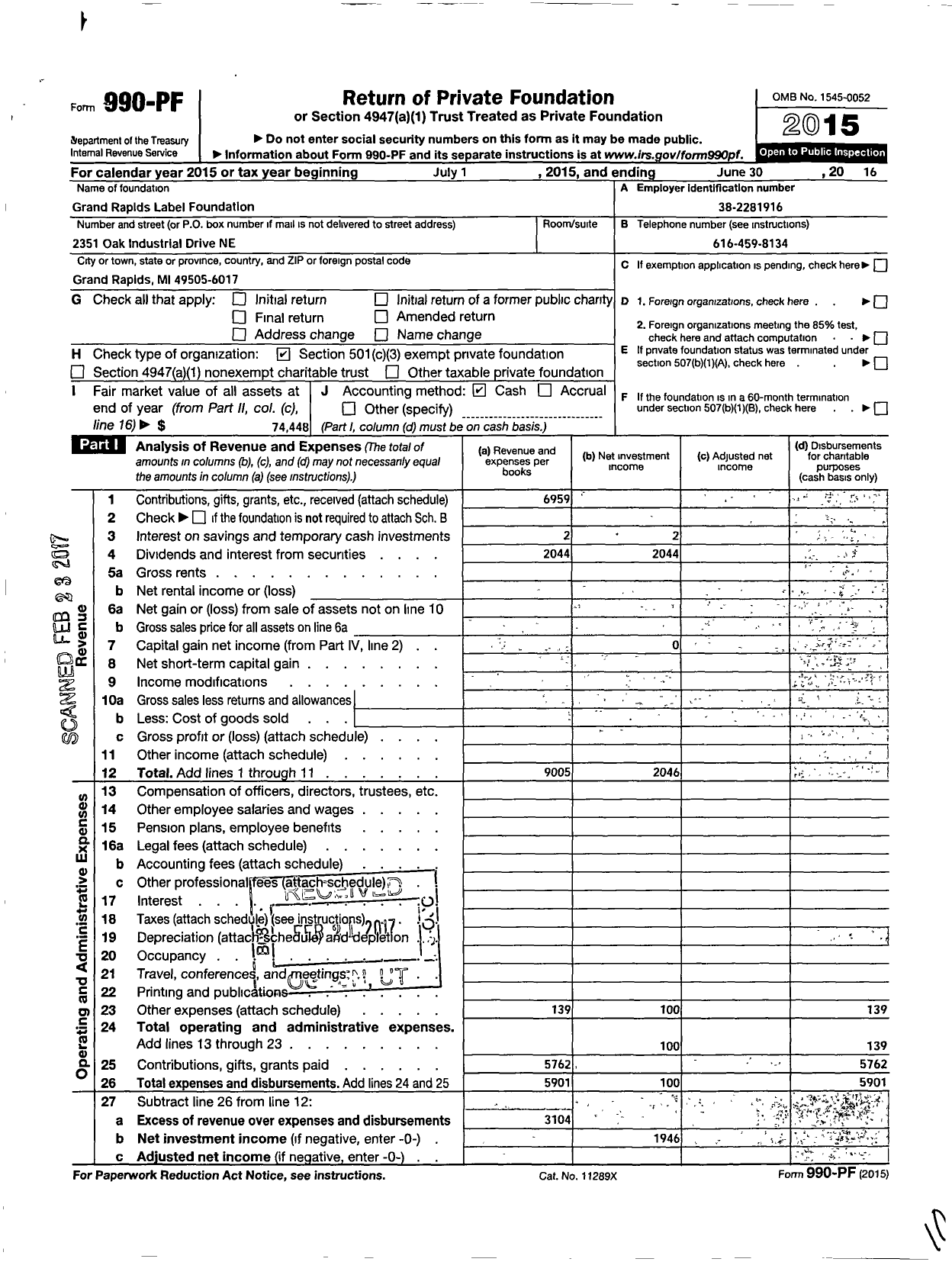 Image of first page of 2015 Form 990PF for Grand Rapids Label Foundation