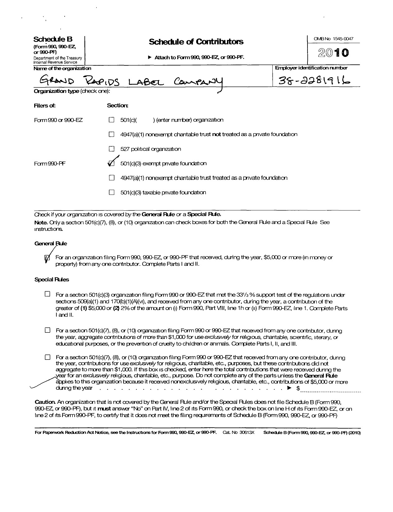 Image of first page of 2010 Form 990PR for Grand Rapids Label Foundation