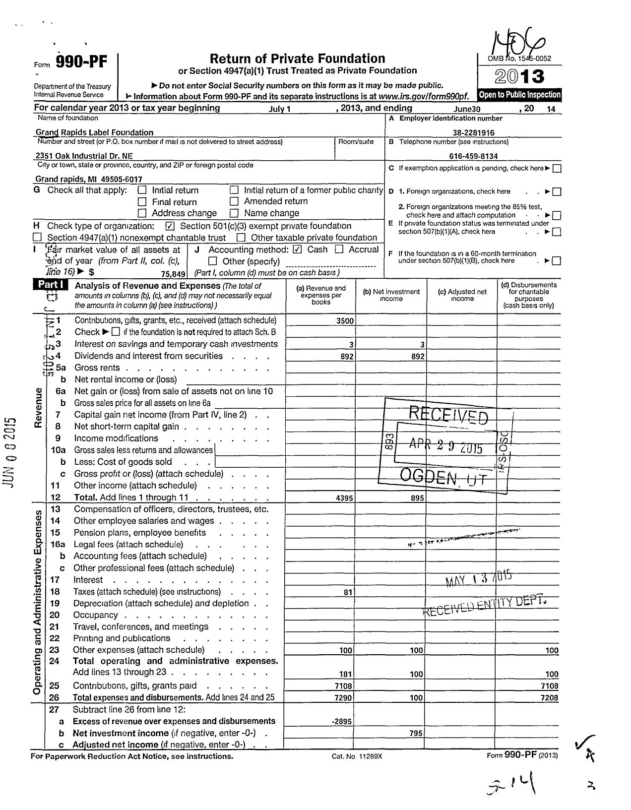 Image of first page of 2013 Form 990PF for Grand Rapids Label Foundation