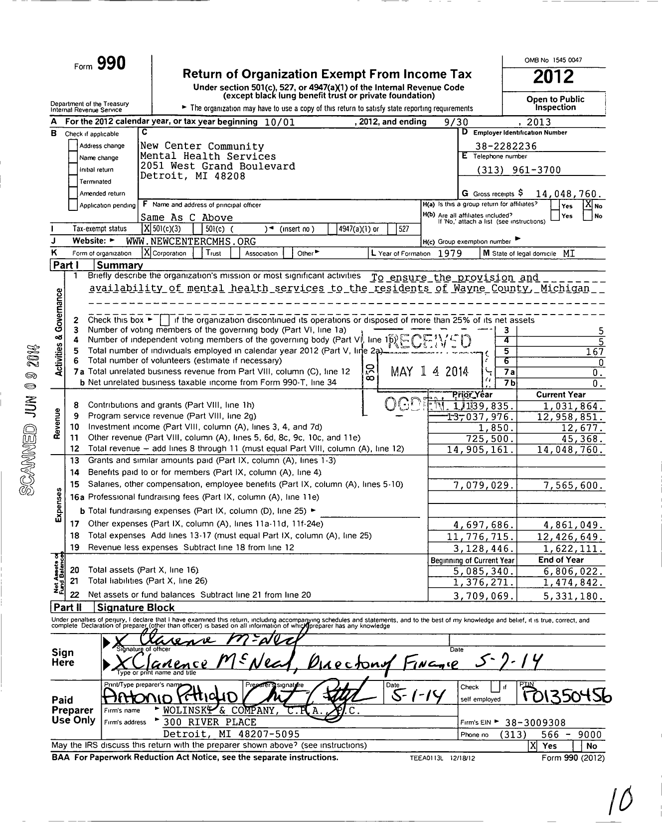 Image of first page of 2012 Form 990 for New Center Community Mental Health Services
