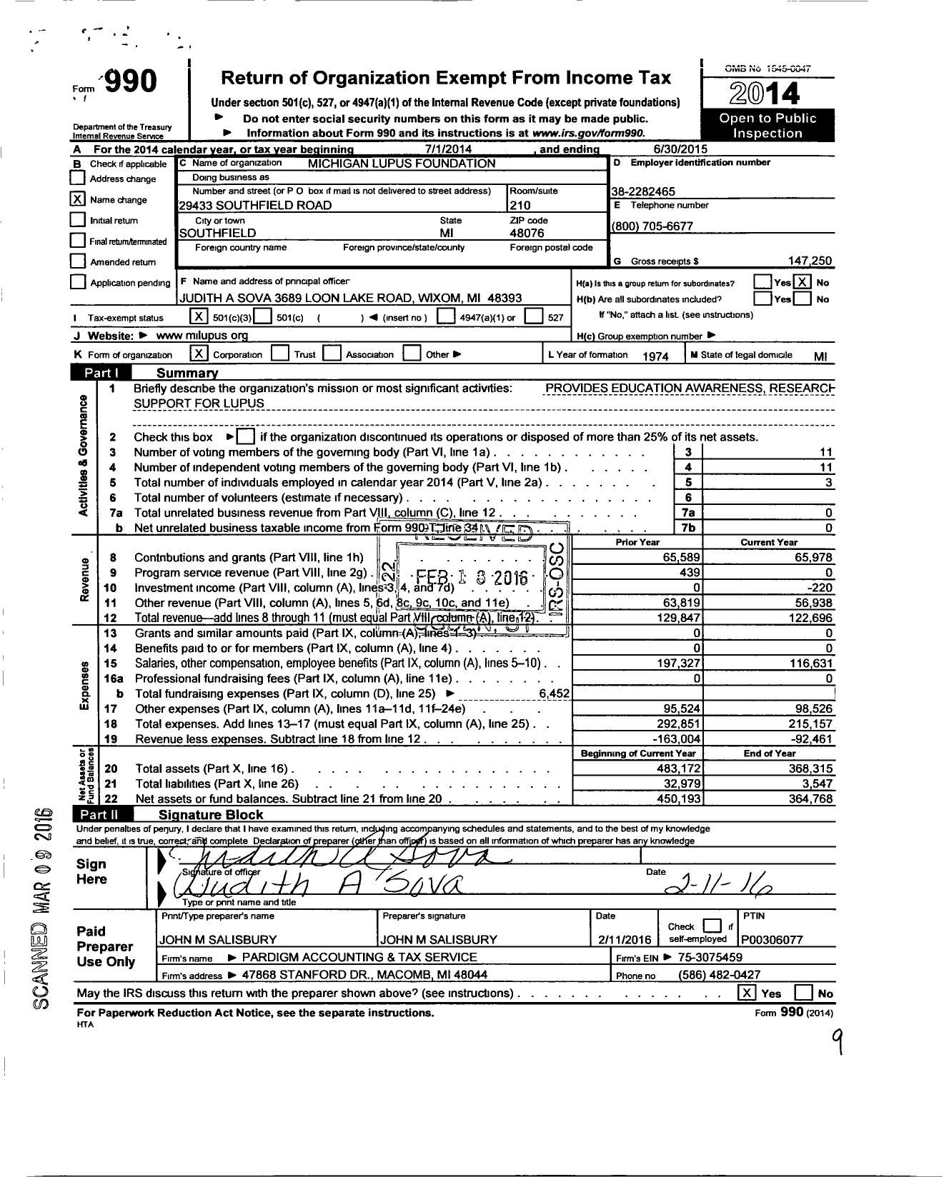 Image of first page of 2014 Form 990 for Michigan Lupus Foundation