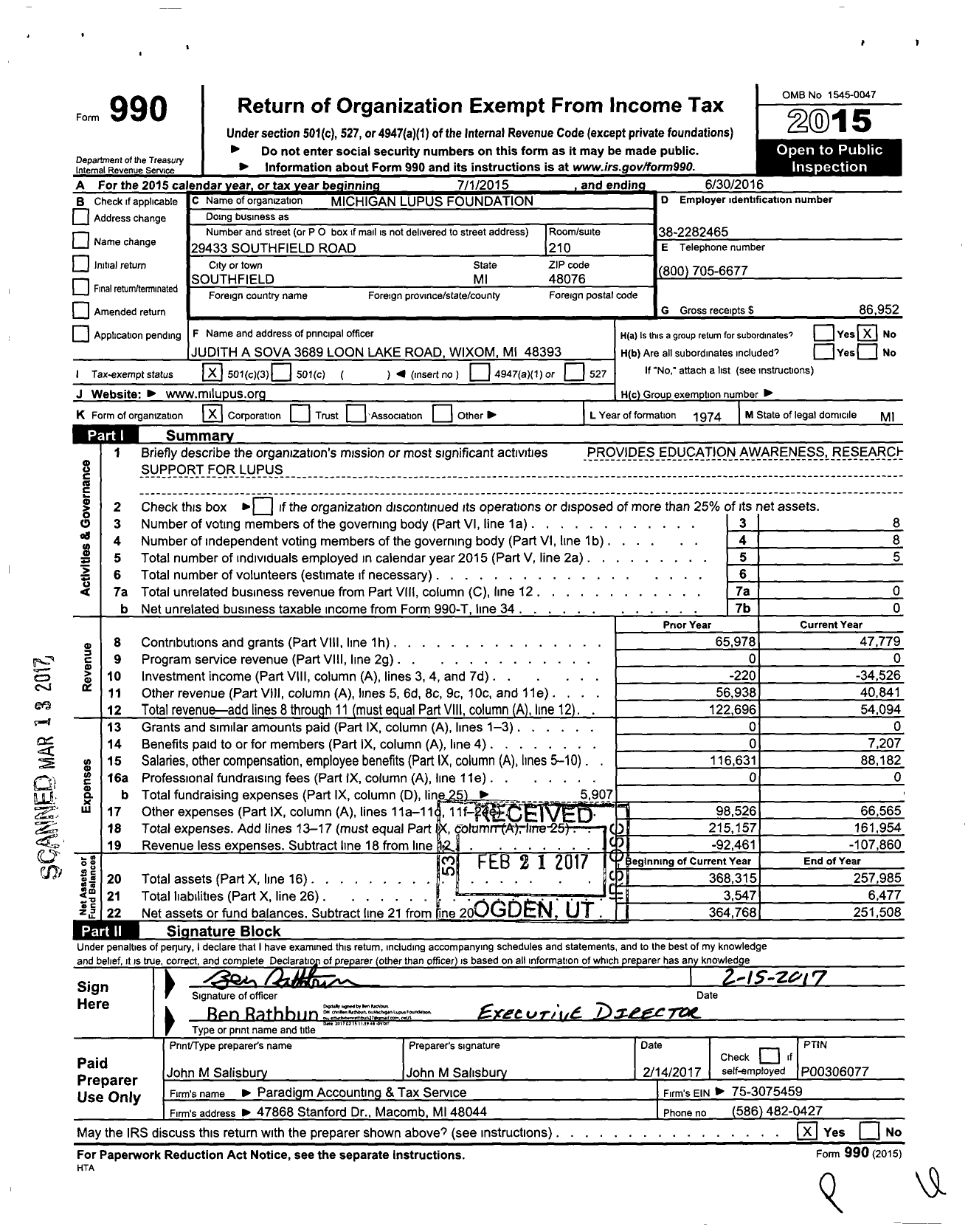 Image of first page of 2015 Form 990 for Michigan Lupus Foundation