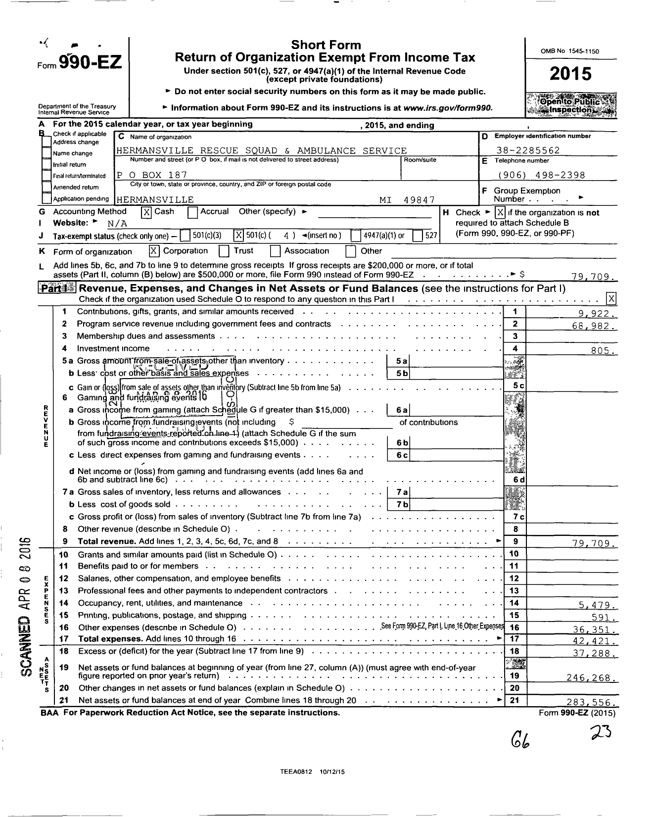 Image of first page of 2015 Form 990EO for Hermansville Rescue Squad and Ambulance