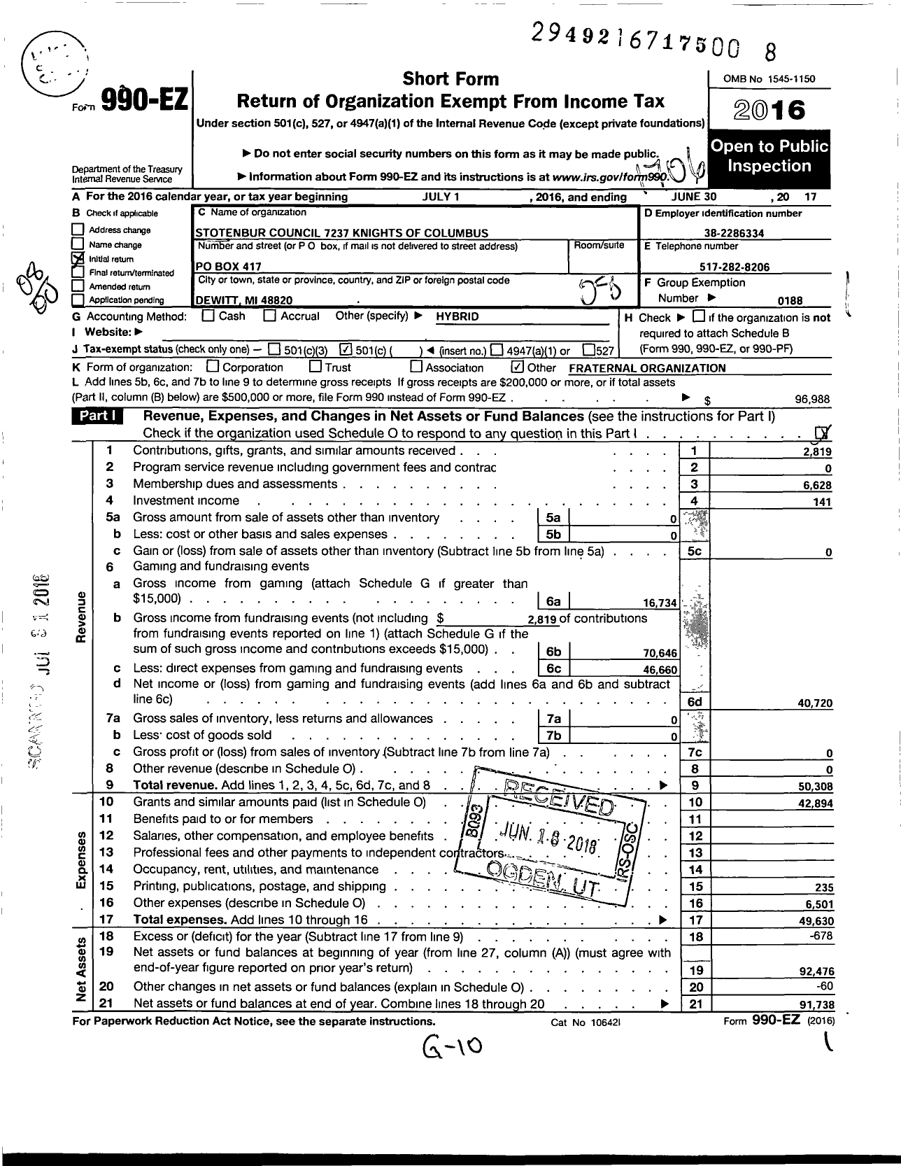 Image of first page of 2016 Form 990EO for Knights of Columbus - 7237 MSGR David Stotenbur Council