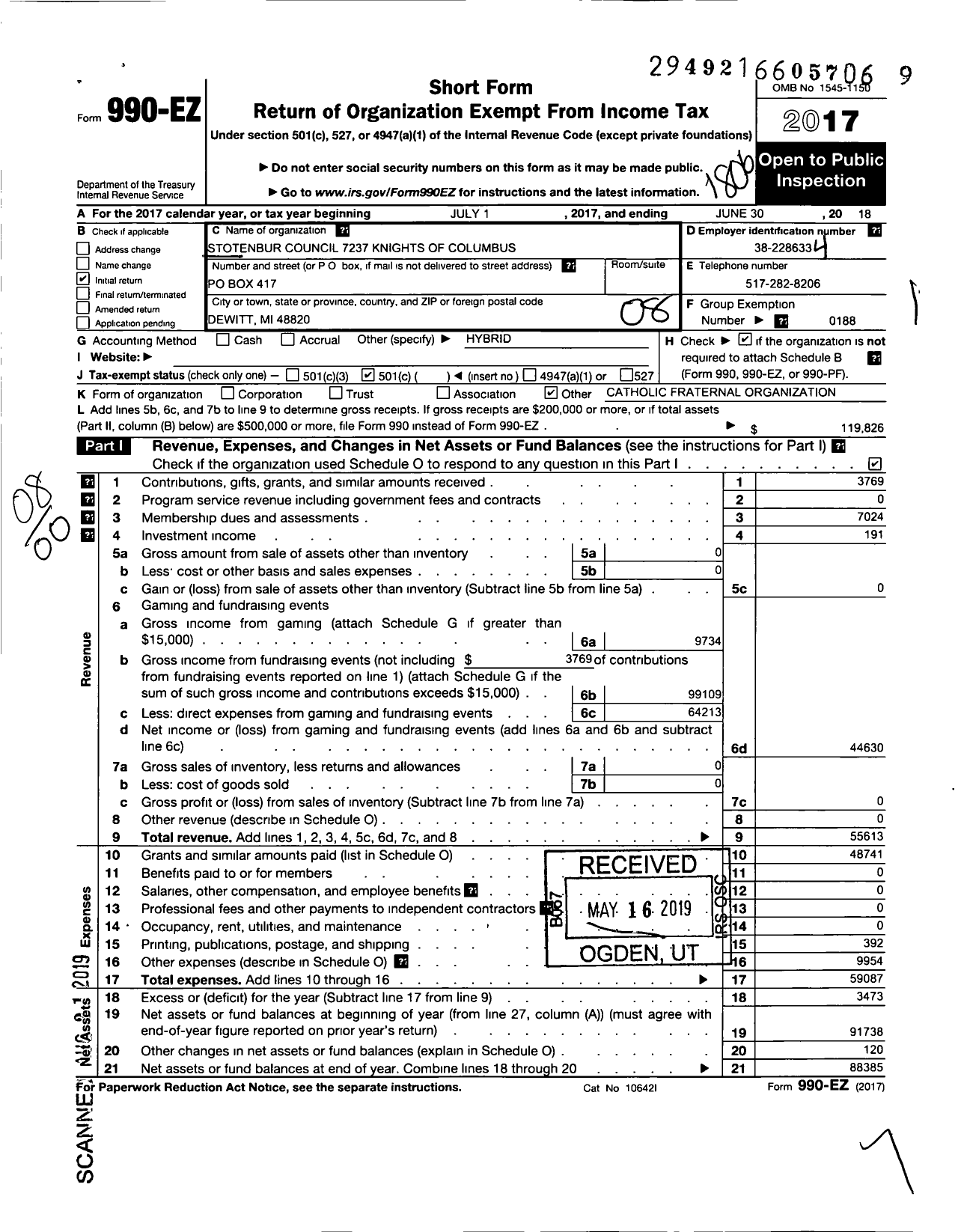 Image of first page of 2017 Form 990EO for Knights of Columbus - 7237 MSGR David Stotenbur Council