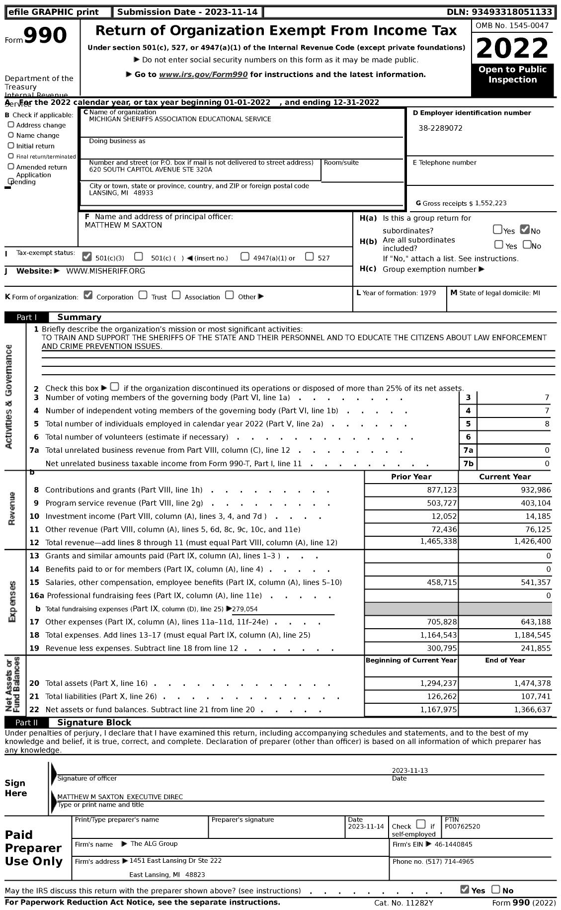 Image of first page of 2022 Form 990 for Michigan Sheriffs' Association Educational Services