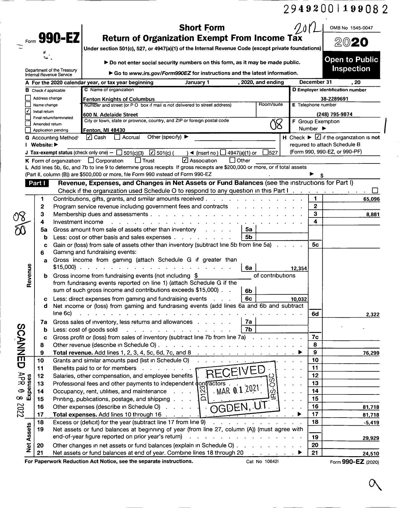 Image of first page of 2020 Form 990EO for Knights of Columbus - 7418 Fenton Council