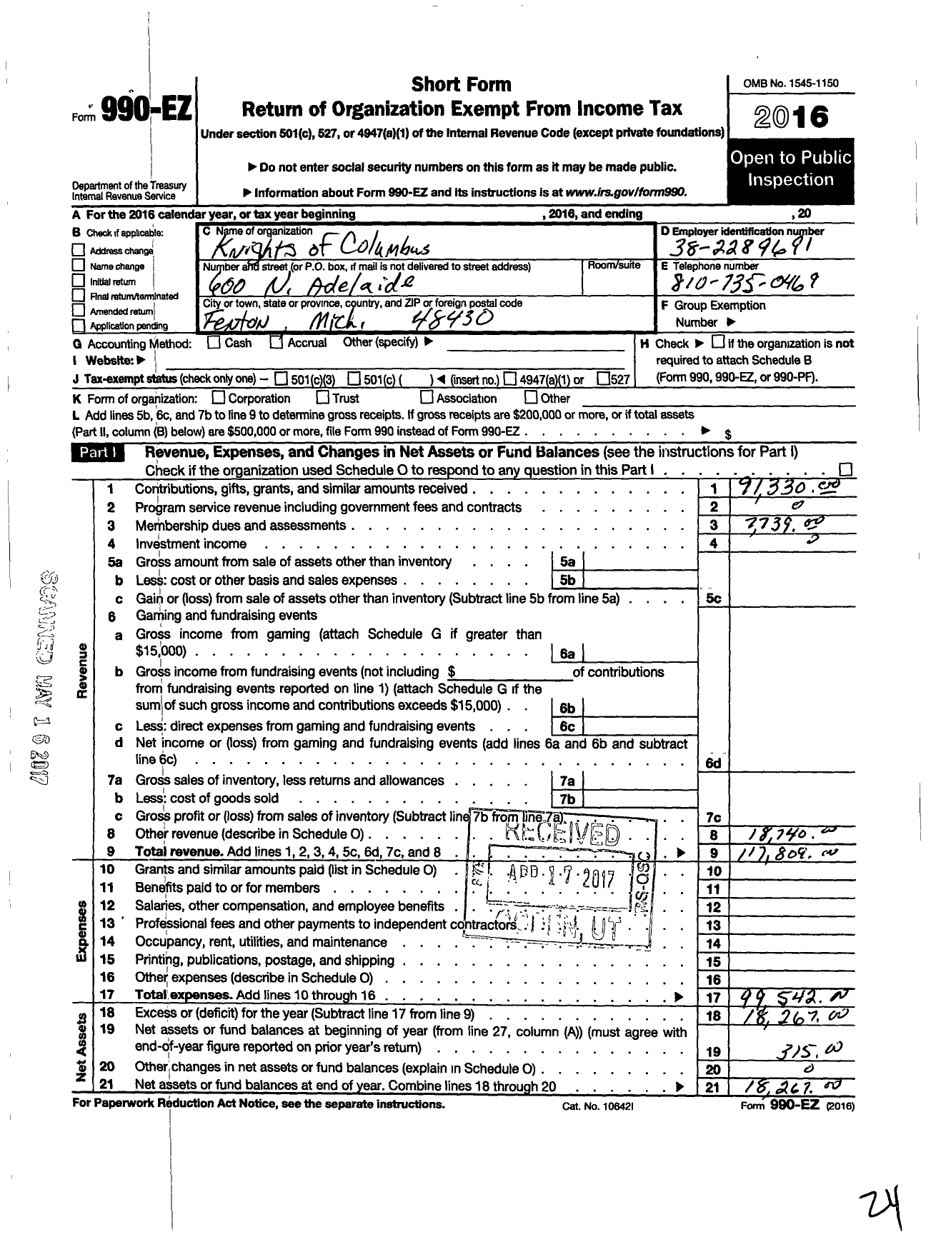 Image of first page of 2016 Form 990EO for Knights of Columbus - 7418 Fenton Council