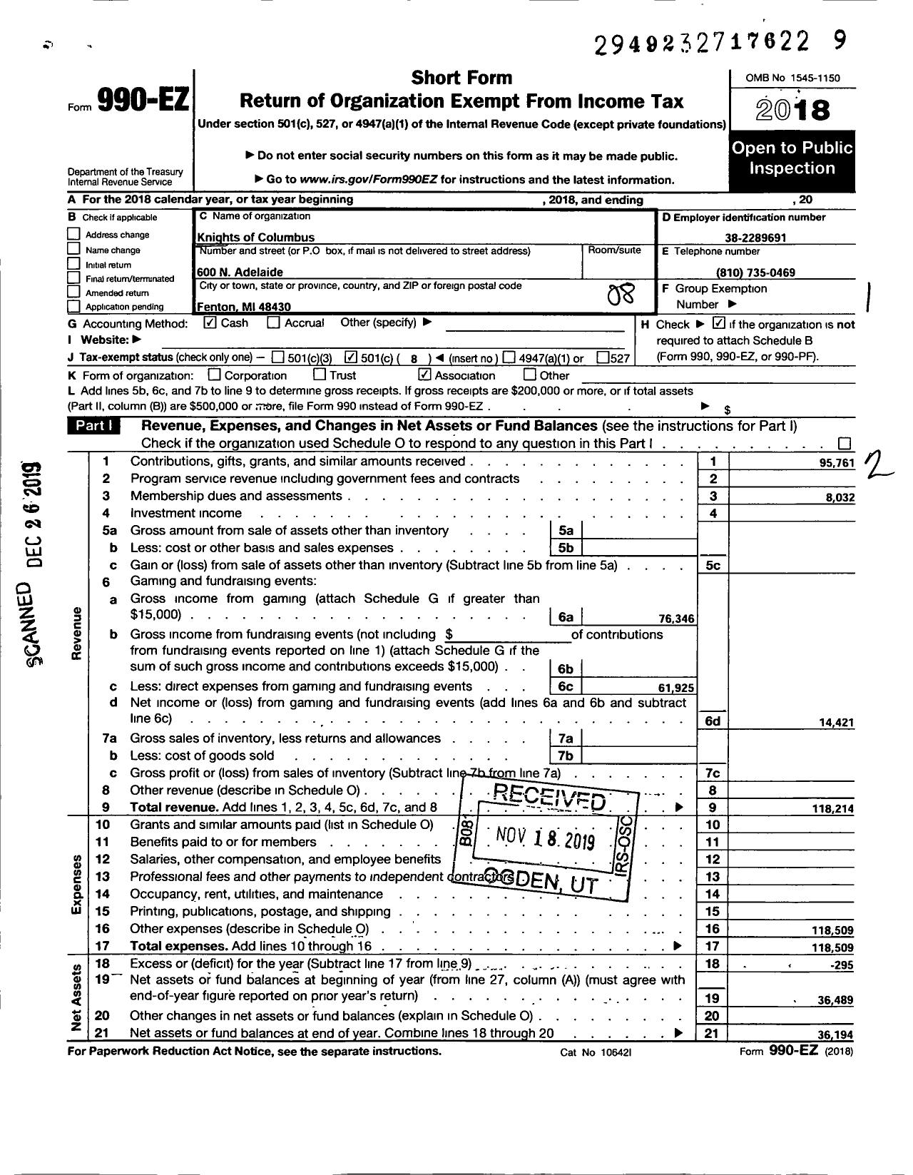 Image of first page of 2018 Form 990EO for Knights of Columbus - 7418 Fenton Council