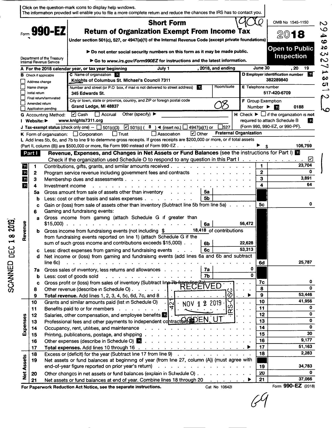 Image of first page of 2018 Form 990EO for Knights of Columbus - 7311 St Michael Council