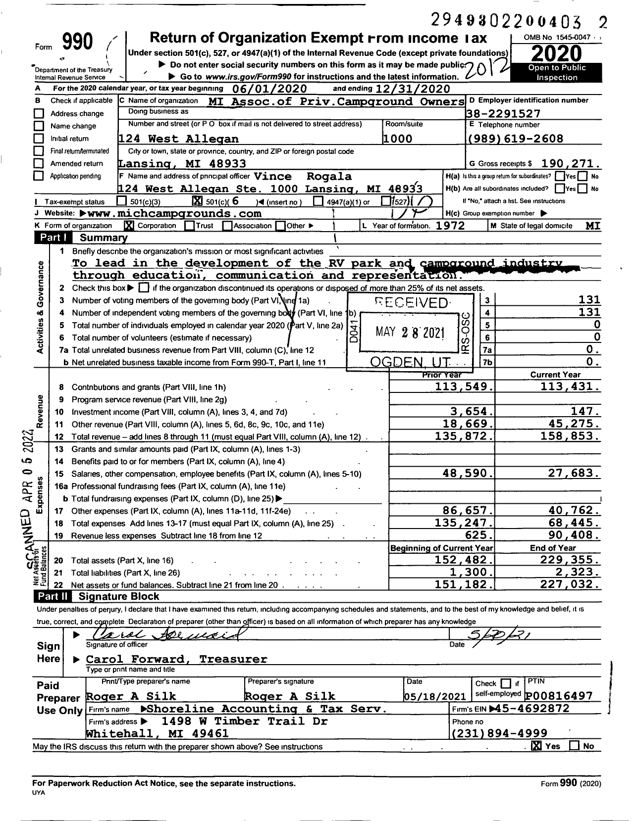 Image of first page of 2020 Form 990O for Michigan Assocof PrivCampground Owners