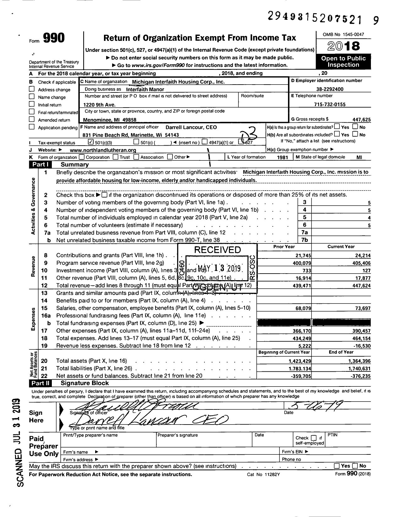 Image of first page of 2018 Form 990 for Interfaith Manor