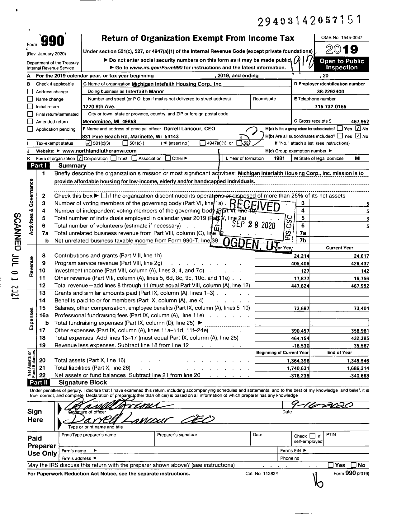 Image of first page of 2019 Form 990 for Interfaith Manor